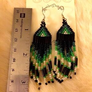Handmade Beaded Earrings in green, black, white with Czechoslovakian Beads